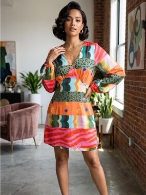 Vibrant Sunday Up Patchwork Print Dress, Size M